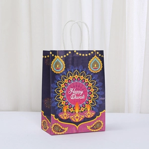 Detail of purple Diwali gift bag featuring Mandala patterns and Happy Diwali greeting
