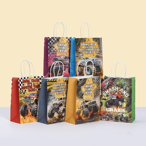 Detailed view of six colorful monster truck kraft paper gift bags with racing patterns