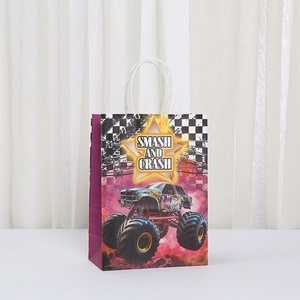 Off-road monster truck kraft gift bag featuring smash and crash racing graphics