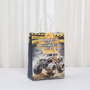 Vertical monster truck print kraft paper gift bag with white handles for parties