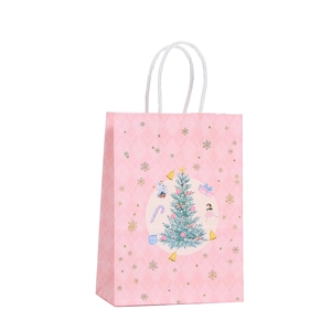Pink Christmas kraft paper gift bag with festive cartoon patterns and white rope handles