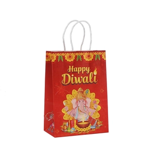 Red Diwali gift bag featuring Happy Diwali text and Ganesha illustration with white handles