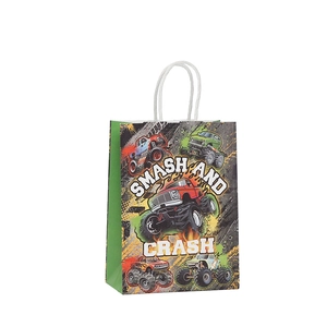 Monster Truck Smash and Crash kraft paper gift bag with white twist handles for party