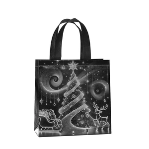 Black non-woven Christmas tote bag with white reindeer and holiday tree print