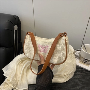 Sac à Épaule Tissé en Paille pour Femmes Broderie Papillon Sac Sous le Bras Demi-Lune Décontracté Plage Été Vintage