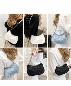 Detailed model views of chic floral print underarm bags in cream, blue, and black