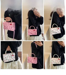 Collage of chic cherry print crossbody bags showing elegant summer style on models