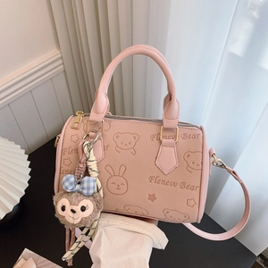 Pink PU leather pillow bag with cartoon embossing and plush bear charm for women