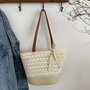 Women's Straw Woven Tote Bag With Lace Bow Crochet Hollow Design Casual Summer Beach Shoulder Bag Bohemian Style Handbag