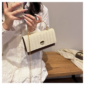 Détail du sac à main rétro en paille tressée avec bordure en cuir et chaîne dorée chic