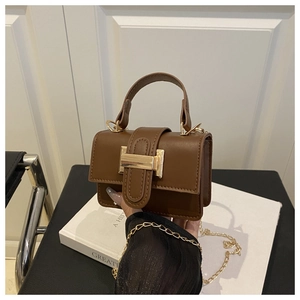 Macro shot of brown faux leather texture and gold rectangular buckle on mini square bag