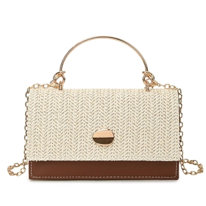 Sac à main tissé pour femmes avec bordure en cuir brun et poignées dorées
