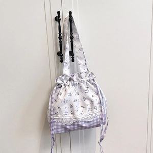 Floral plaid nylon shoulder bag with lace trim and bow design in purple and white