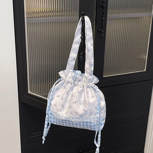 Floral and plaid nylon drawstring bag with lace trim and sweet summer style