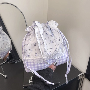 Fresh plaid nylon bucket bag with purple floral lace and drawstring closure