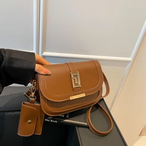 Women Retro PU Leather Contrast Color Shoulder Bag With Mini Sub-bag Geometric Metal Buckle Flap Crossbody Saddle Bag For Daily Office