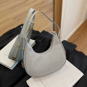 Sparkling silver crescent rhinestone hobo bag with gold zipper for party and social events