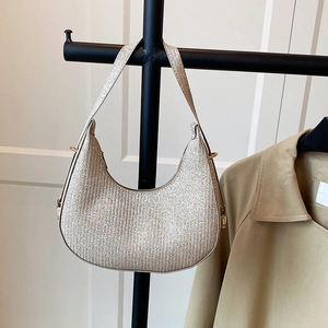 Champagne gold hobo bag with woven texture for women, stylish crescent underarm shoulder bag
