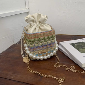 Fashionable colorful woven bucket bag with pearl handle and golden chain strap