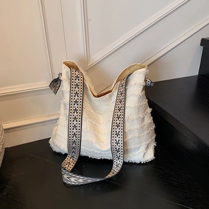 Sac Fourre-Tout en Toile pour Femmes Design Franges Bandoulière Large Tissée Grande Capacité Sac à Bandoulière Minimaliste