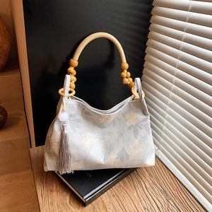 Women Tote Bag New Chinese Style Floral Print Cotton Linen Handbag With Wooden Bead Handle And Tassel Shoulder Underarm Bag