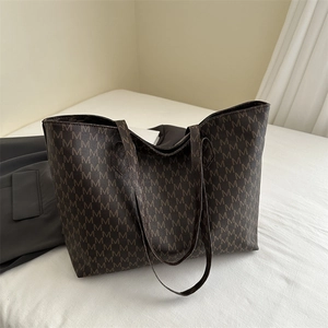 Women Large Capacity PU Leather Tote Bag Fashion M Letter Monogram Shoulder Handbag For Work Campus Travel Retro Style Bag