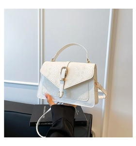 Close-up of white crossbody bag with snake pattern flap and gold buckle hardware