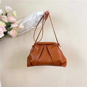 Chic brown woven leather cloud bag with shoulder strap held by model in elegant interior