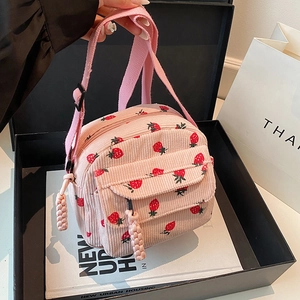 Damen Cord Erdbeerdruck Umhängetasche Frischer Japanischer Stil Kleine Quadratische Schultertasche Für Tägliche Einkäufe Mädchen