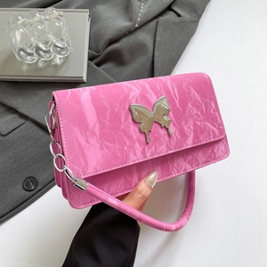 Crinkle PU Leather Shoulder Bag For Women Butterfly Metal Buckle Chain Strap Underarm Bag Vintage Square Crossbody Bag Daily
