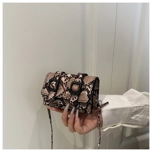 Dettaglio borsa a tracolla beige e marrone effetto serpente con due fibbie nere opache