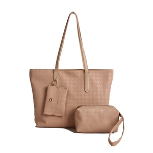 3-piece nude pink embossed houndstooth tote set with matching pouch and card holder