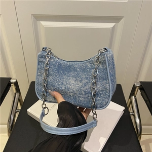 Women Washed Denim Rhinestone Shoulder Bag Fashion Metal Chain Strap Y2K Hobo Underarm Bag Casual Small Square Purse