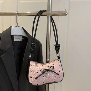 Women Pink Pleated Shoulder Bag Sweet Black Bowknot Printed Underarm Bag Heart Pendant Retro Hobo Handbag Small Square Bag