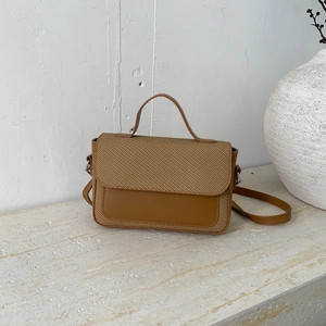 Chic caramel woven patchwork handbag for women with top handle and adjustable strap