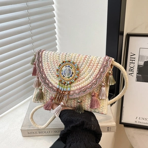 Borsa a Tracolla Intrecciata in Paglia Boema Etnica con Nappine Ricamo con Perline Borsa a Tracolla a Busta per Donna Estate Spiaggia