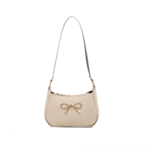 Chic beige half-moon shoulder bag with lychee texture leather and golden bow accent