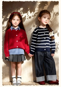Détail d'un cardigan en maille torsadée pour fille et d'un pull rayé avec jupe