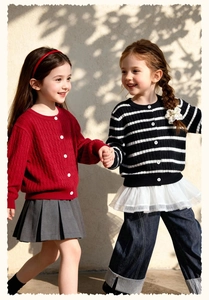 Cardigan en maille torsadée pour fille et veste à rayures avec volants en extérieur