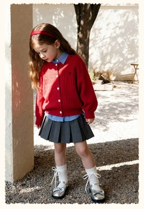 Détail d'un cardigan rouge en maille torsadée pour fille avec chemise et jupe plissée