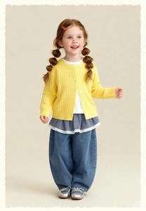 Detail of girls' yellow cable knit cardigan with white ruffled top and wide leg jeans
