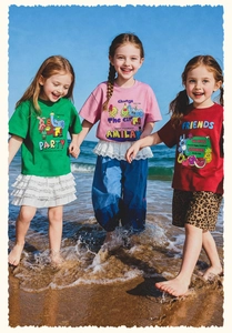 Detalle de tres niños con camisetas de dibujos animados de colores jugando en una playa soleada