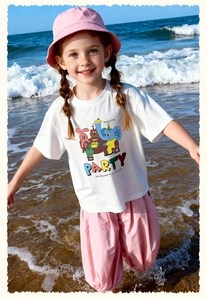 Foto exterior de camiseta blanca infantil con estampados de animales y sombrero rosa