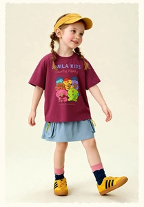 Foto completa de niña con camiseta de algodón morada y estampado de dibujos animados