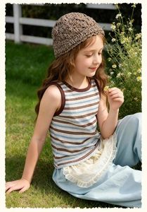 Détail du débardeur rayé pour fille et pantalon en dentelle dans un jardin ensoleillé