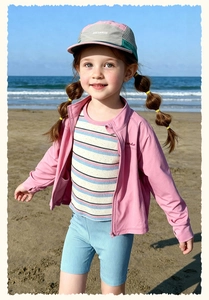 Détail d'un ensemble de protection solaire pour filles avec gilet rayé et veste pastel
