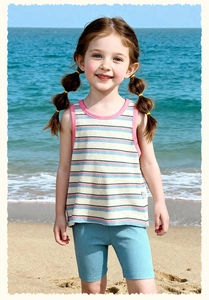 Détail d'un débardeur rayé pour fille et short bleu sur une plage d'été ensoleillée
