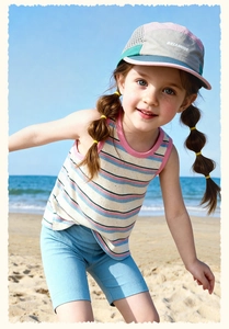 Détail d'un débardeur rayé pour fille avec short bleu et casquette sur une plage ensoleillée