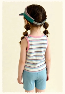 Détail d'un ensemble débardeur rayé pour fille et short côtelé vu de l'arrière