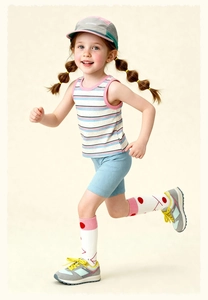 Tenue de sport pour fille avec débardeur rayé et short côtelé bleu en pleine action de course